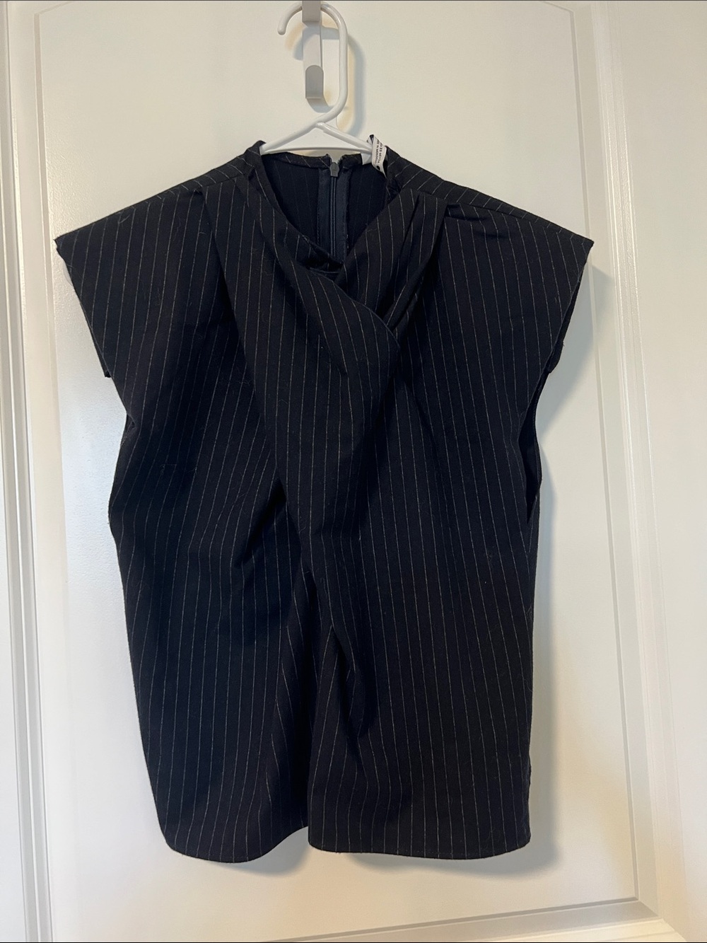 ZARA Sleeveless Black Pinstripe Draped Front Top